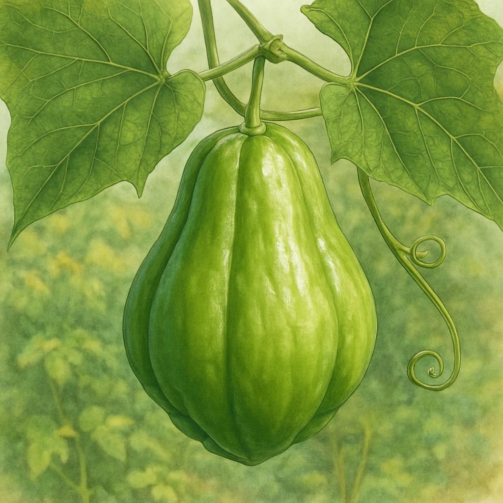 Close-up of fresh Chayote (Smooth Green) on vine in a garden setting.