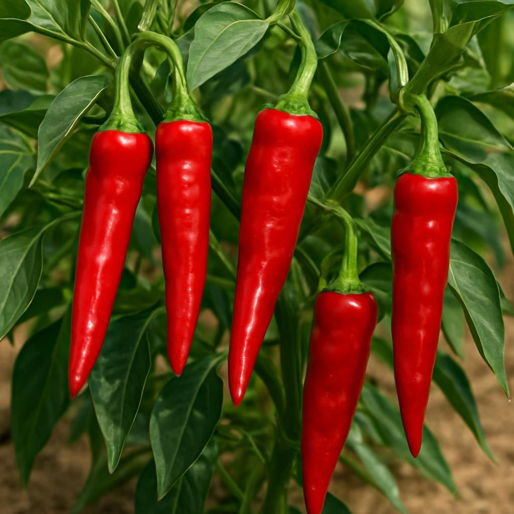 Close-up of ripe red Cheongyang Chili peppers on the plant for professional growing guide