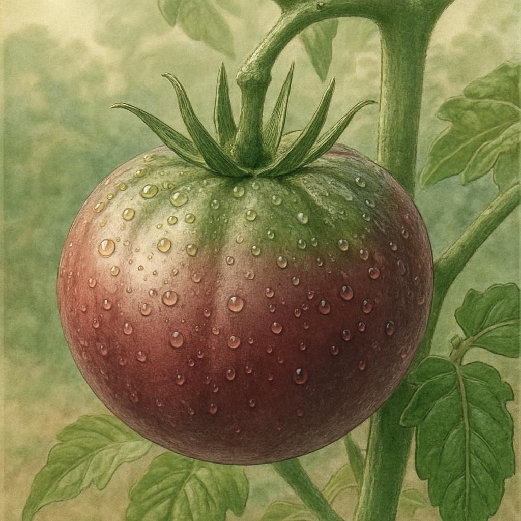 Ripe Cherokee Purple Tomato showing dusky purple skin and green shoulders on healthy vine