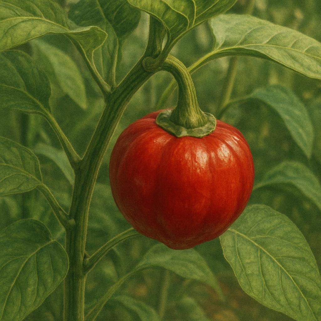 Close-up of a vibrant red Cherry Bomb Pepper on its plant, glistening in sunlight.