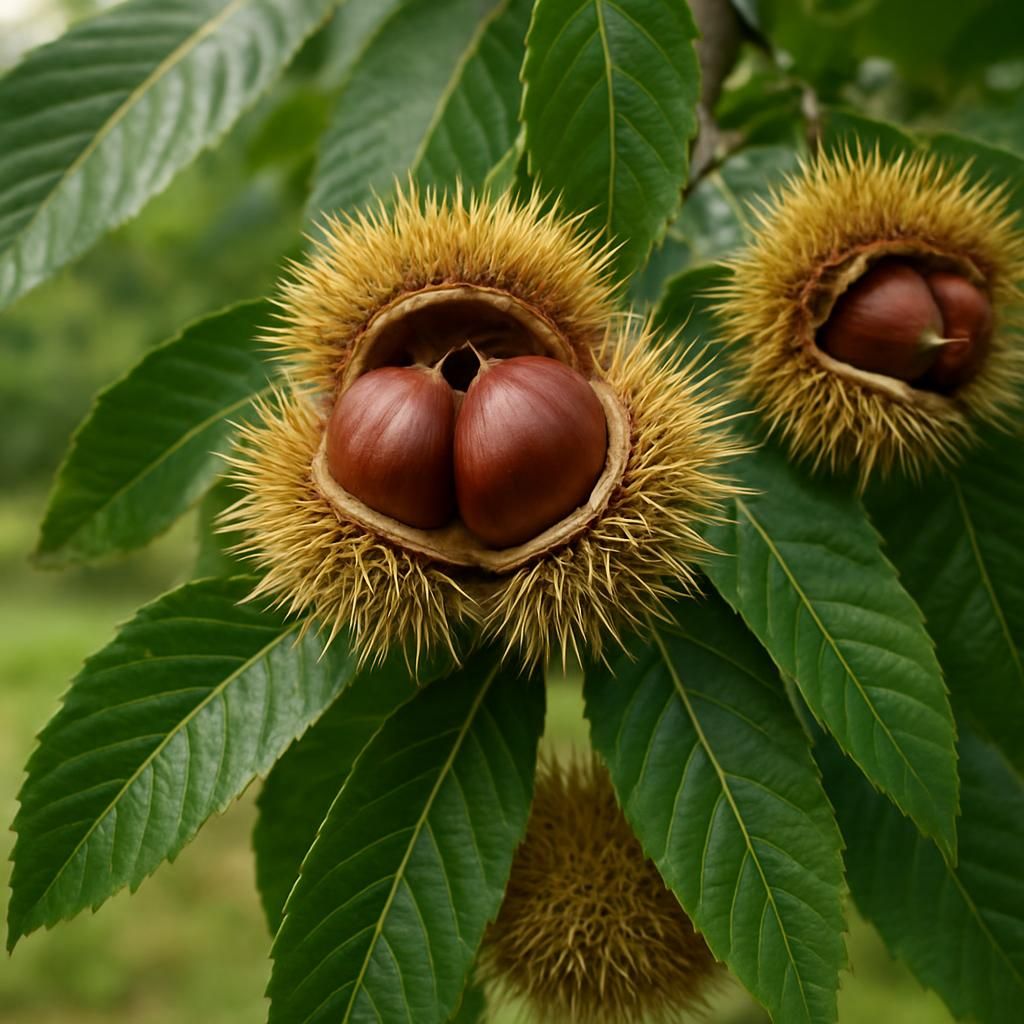 American chestnut tree showing open burs with shiny brown nuts and serrated leaves in natural light