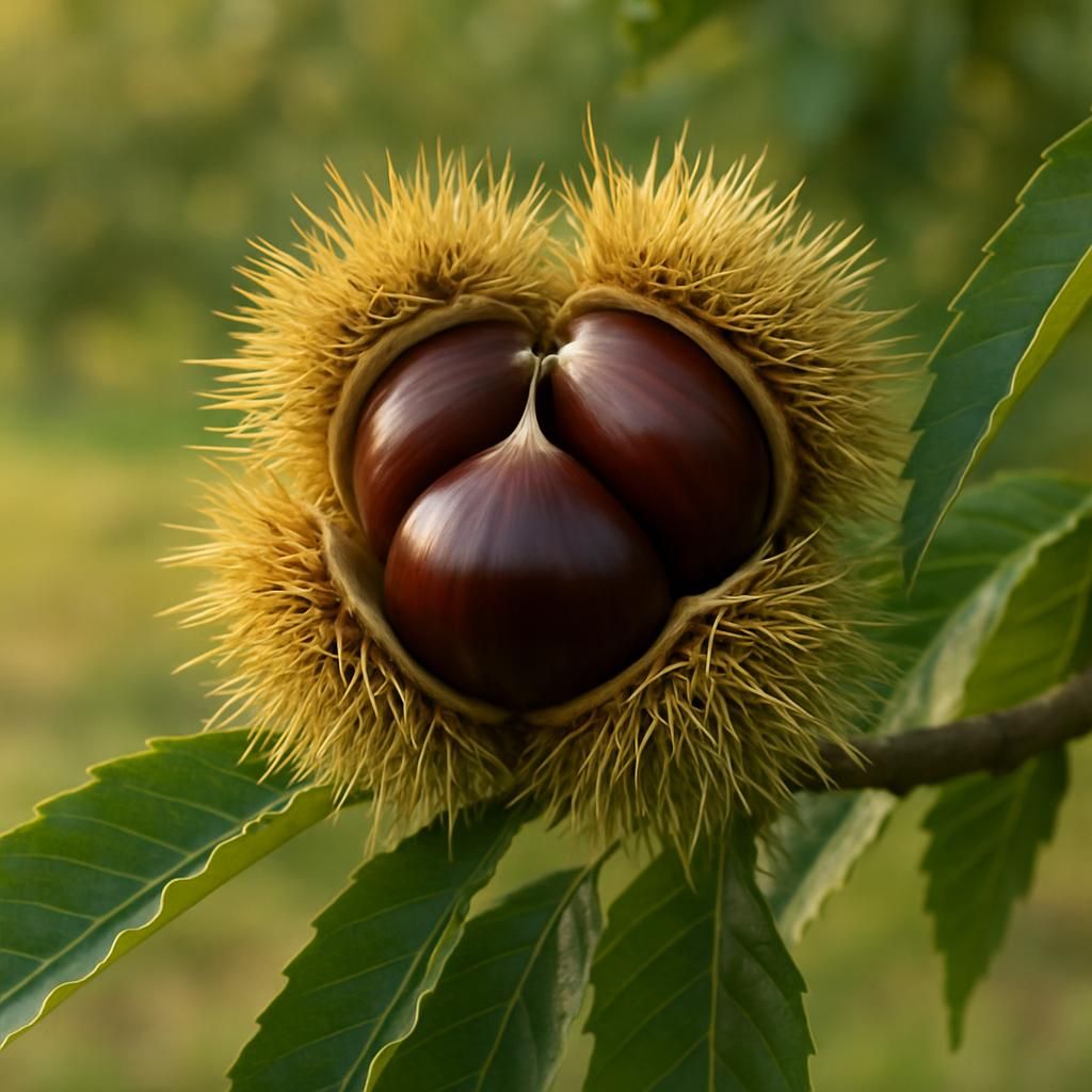 Close-up of ripe Dunstan Chinese chestnuts in open bur on tree