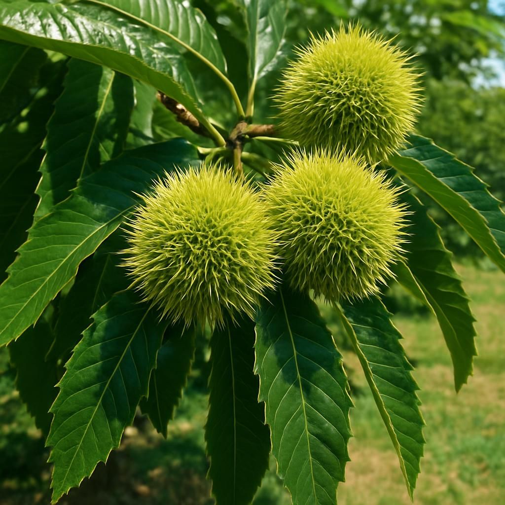 Close-up of Colossal Hybrid chestnut tree showing large burrs and healthy foliage in an orchard setting