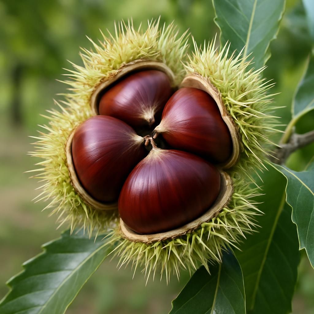Close-up of premium Marrone di Marradi European chestnuts in open burr on Castanea sativa tree