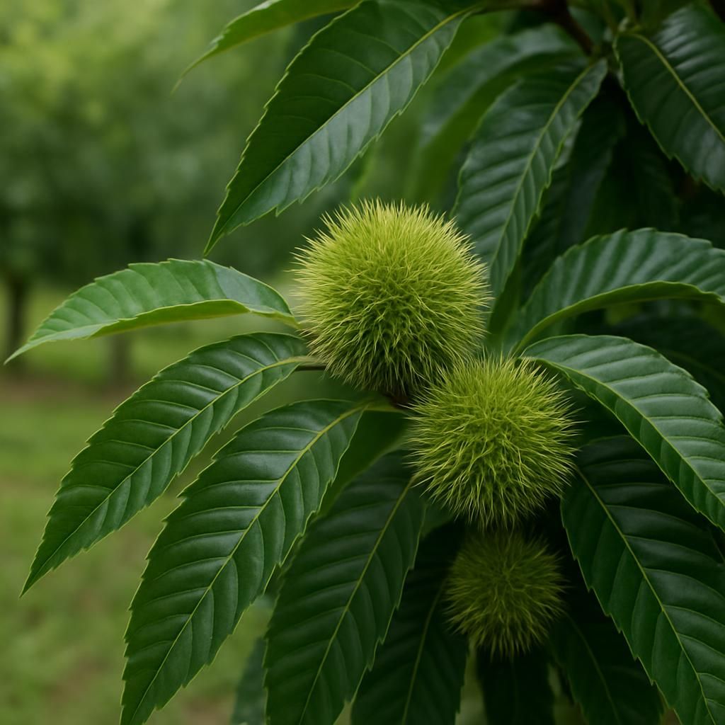 Close-up of Tanzawa Japanese chestnut burrs and foliage in an orchard setting
