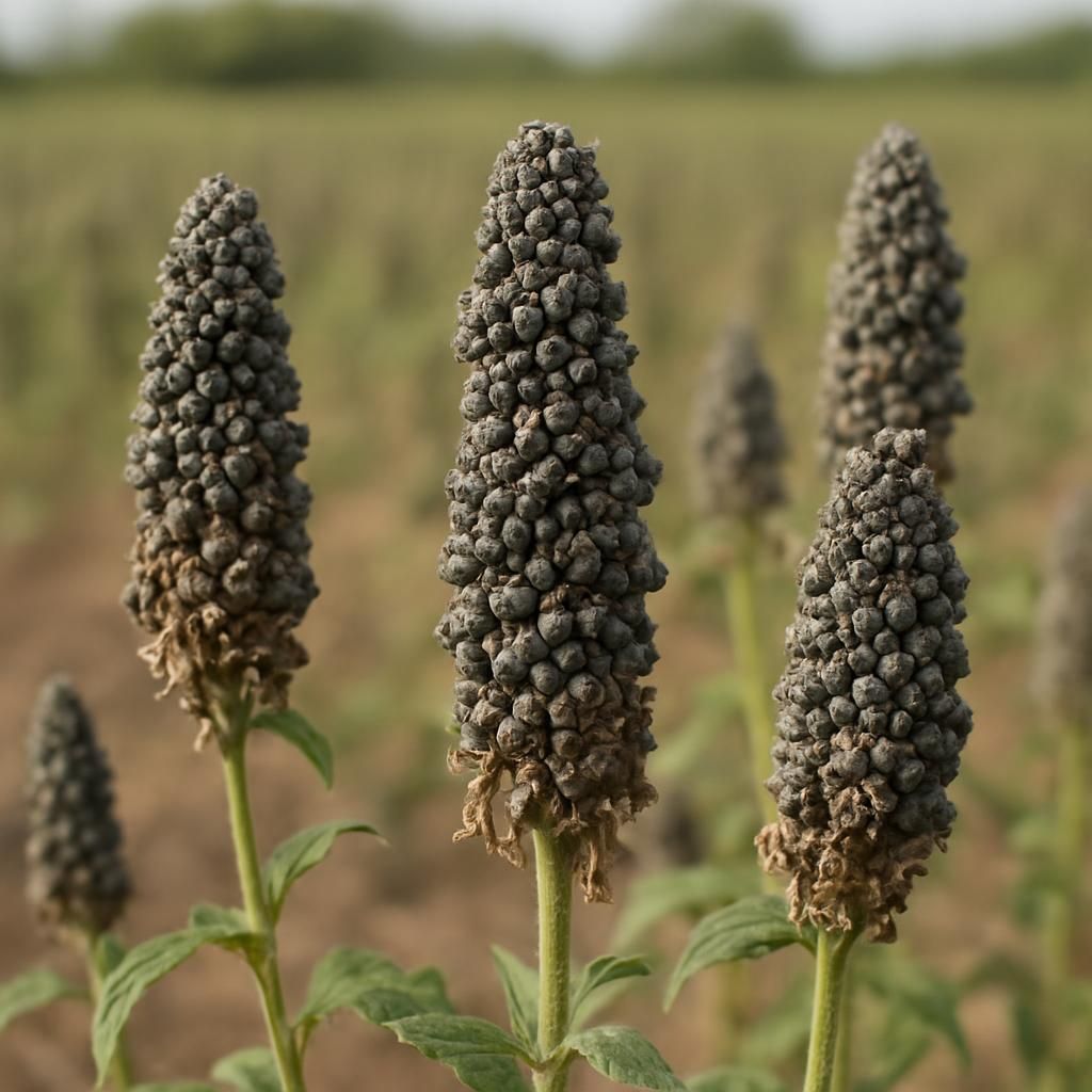 Close-up of mature chia plants showing gray-black seeds ready for harvest in a sunny field