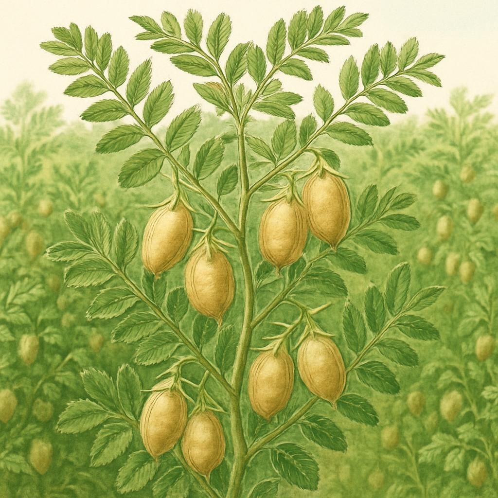Close-up of Kabuli chickpea pods growing in a field under sunlight.
