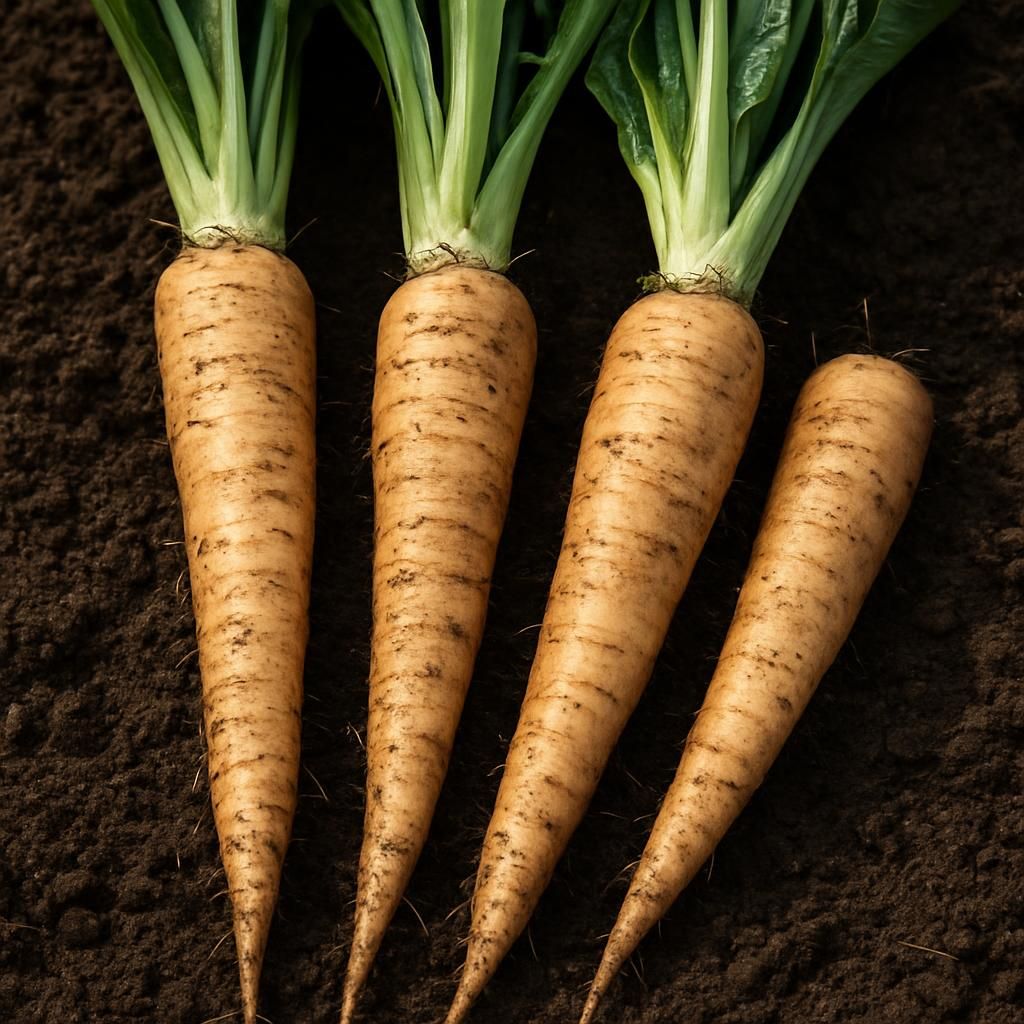Freshly harvested Magdeburg chicory roots showing thick straight taproots ready for roasting or storage