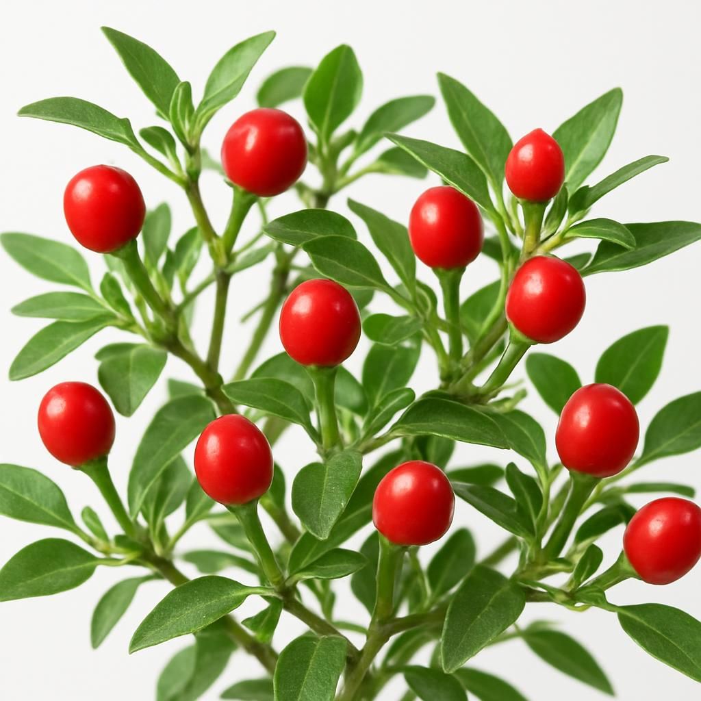 Close-up of ripe red Chiltepin wild chili peppers growing on a compact green shrub in natural daylight