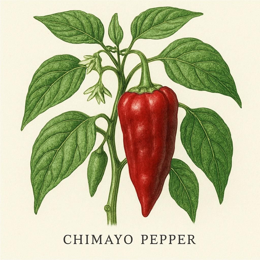 Close-up of Chimayo Pepper plant with vibrant red pods, showcasing heirloom characteristics.