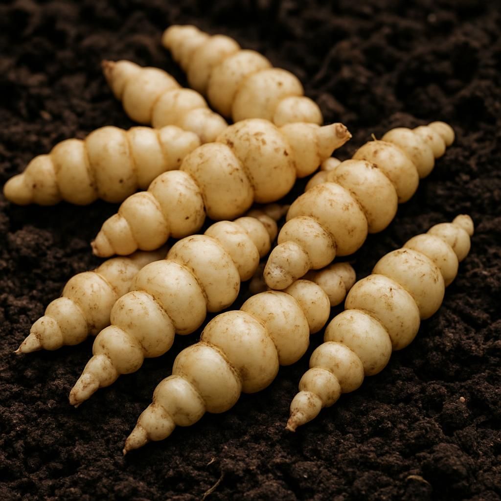 Close-up of ivory Chinese Artichoke Crosne tubers freshly harvested from garden soil
