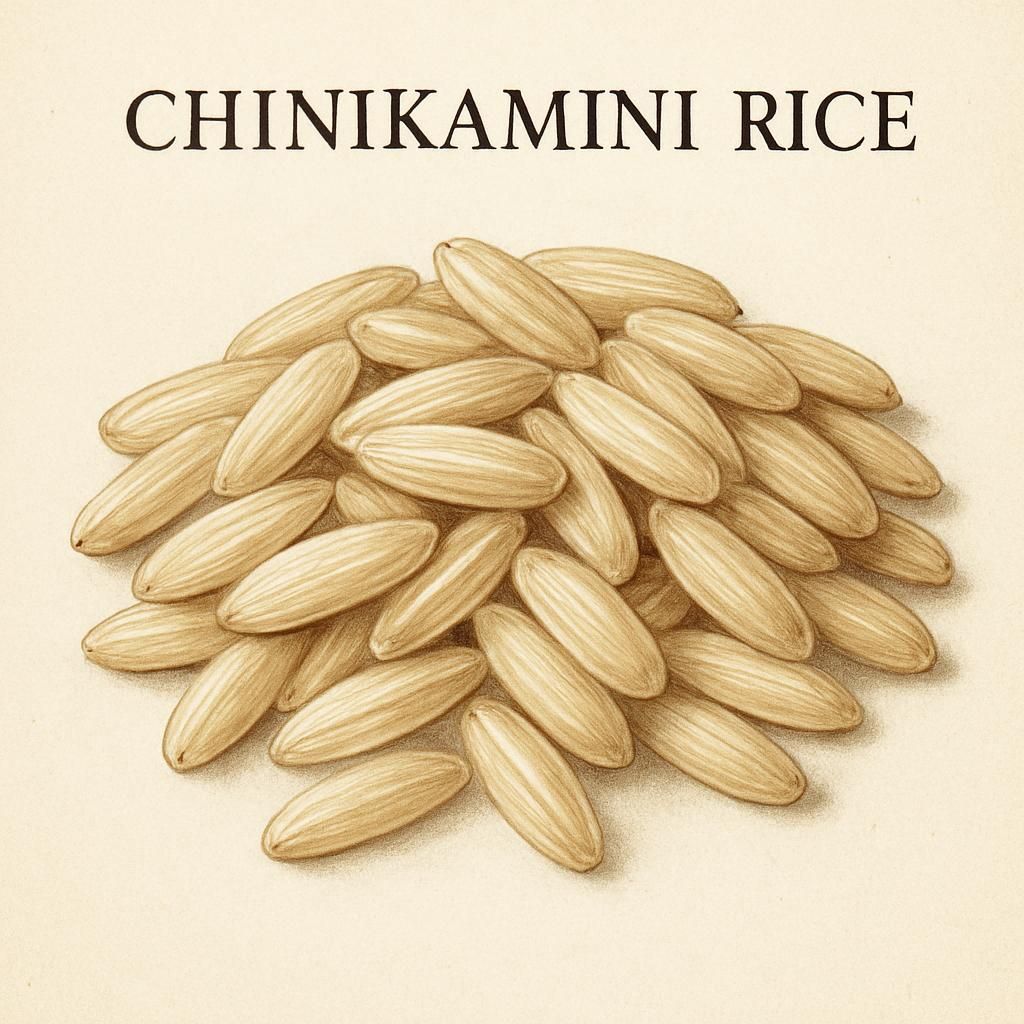 Close-up of Chinikamini Rice grains showcasing its aromatic and slender characteristics.