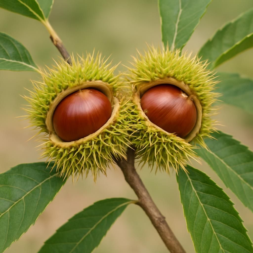 Close-up of Chinquapin nuts in spiny burs on Castanea pumila tree ready for harvest