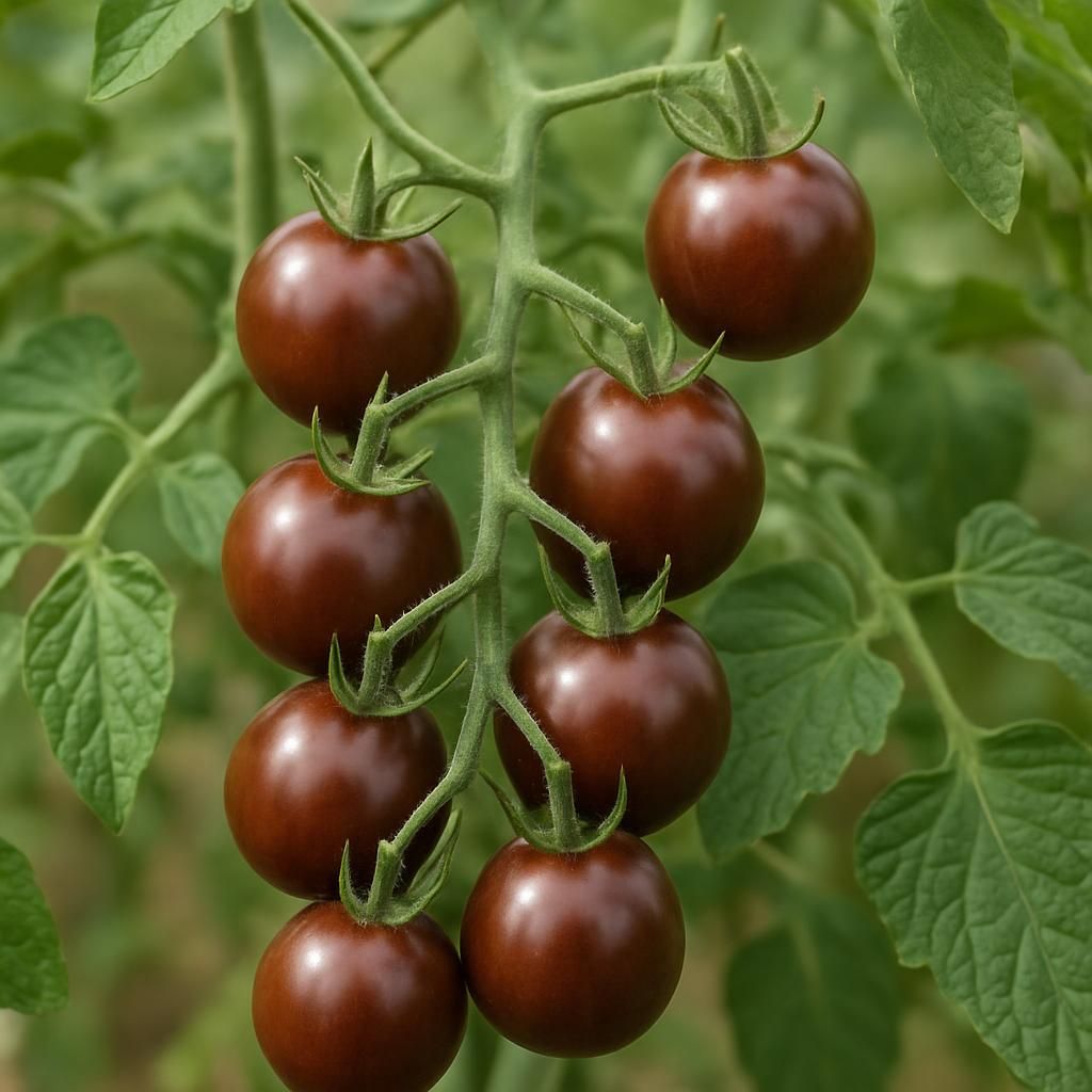 Ripe Chocolate Cherry Tomato clusters hanging from healthy green vines in sunlight
