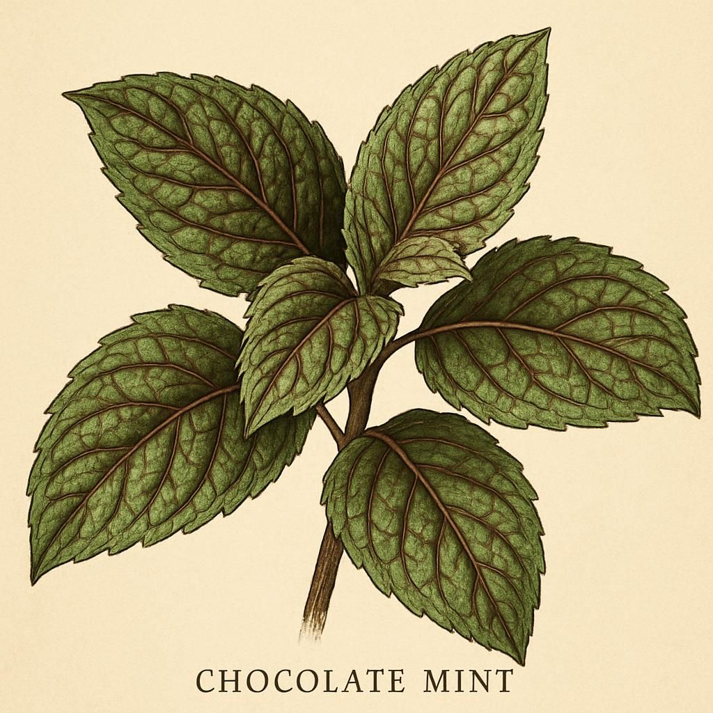 Chocolate Mint plant showing detailed chocolate-mint scented leaves.