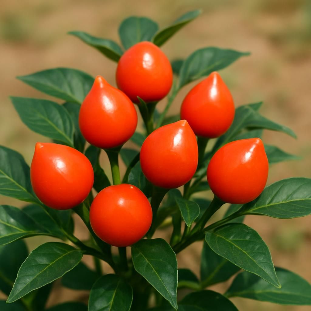 Close-up of ripe orange Chupetinha Pepper pods on a healthy plant ready for harvest