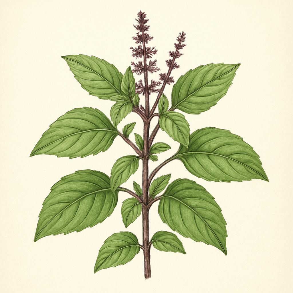 Close-up of Cinnamon Basil with purple stems and fragrant green leaves, ideal for herb gardens.
