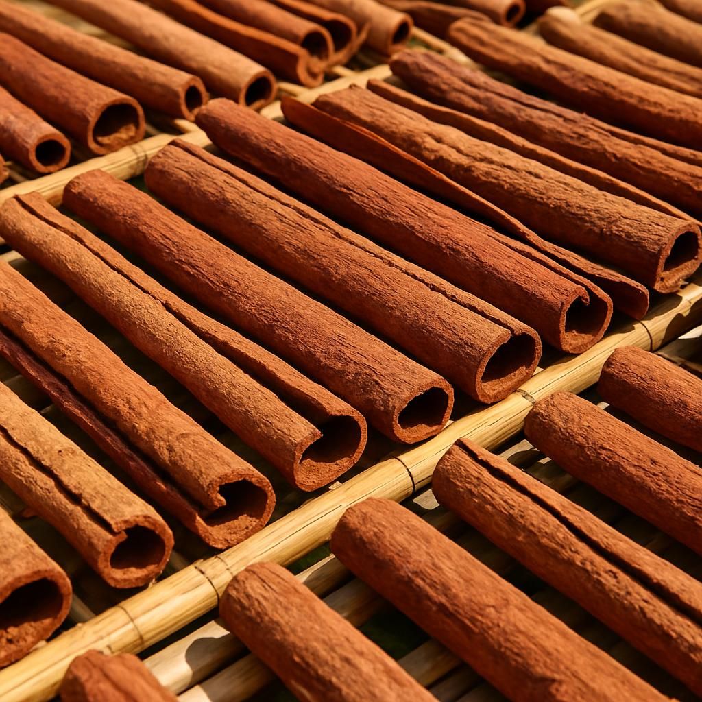 Close-up of premium Korintje cassia cinnamon bark strips drying outdoors