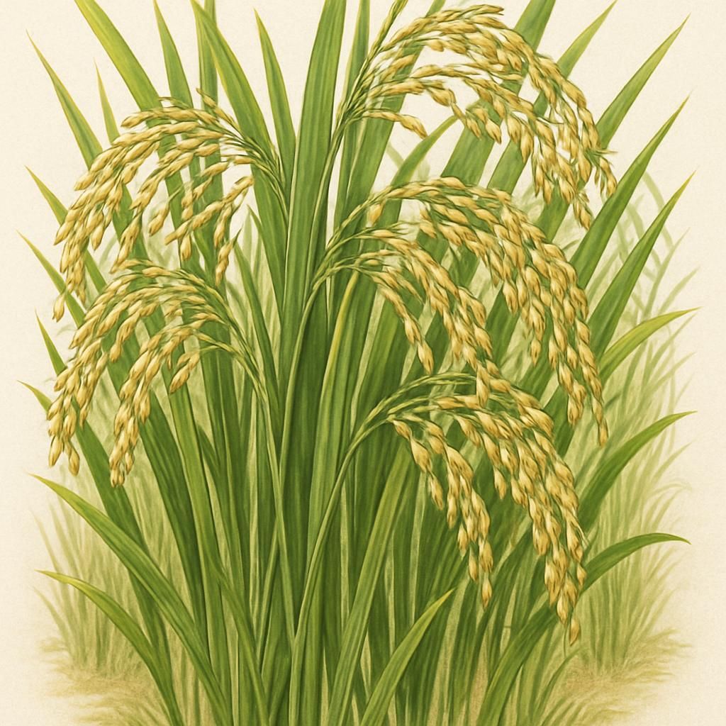 Close-up of CL111 Rice plants in the field with lush green foliage and ripe grains.
