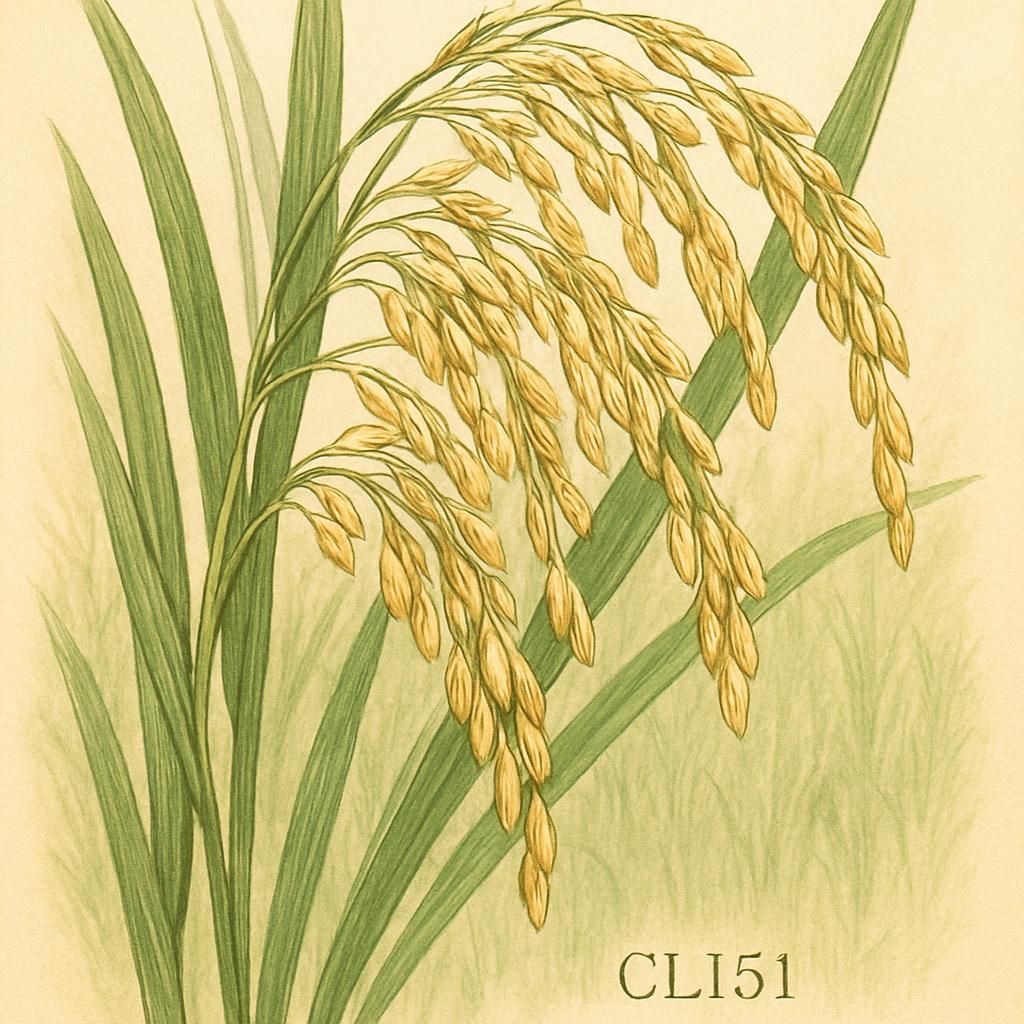 CL151 Rice growing in a well-irrigated field, displaying vibrant green stalks and grains.