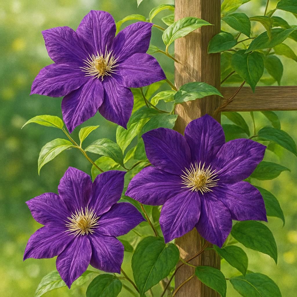 Close-up of blooming purple clematis flowers on a trellis with lush green leaves in a garden setting