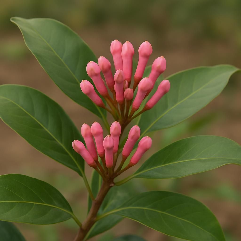 Close-up of fresh pink clove buds on Syzygium aromaticum tree ready for harvest