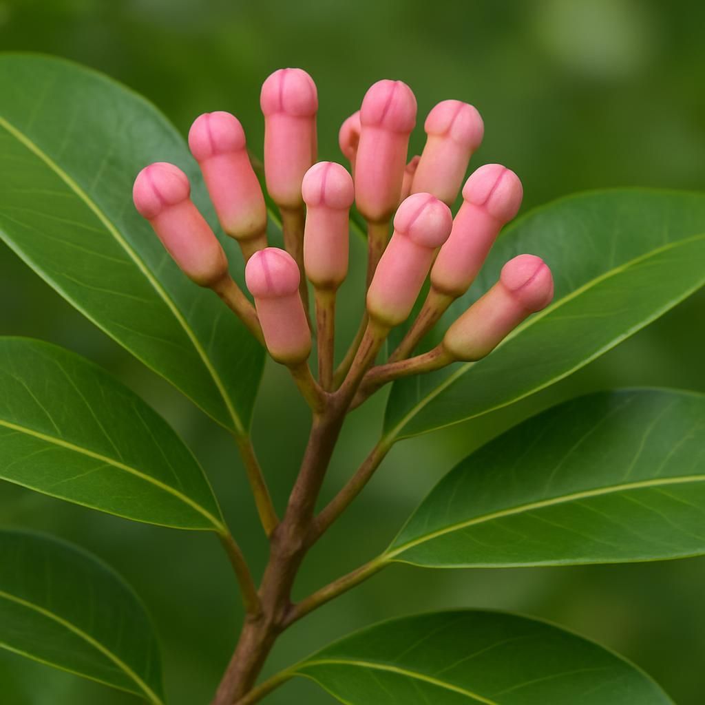 Close-up of fresh pink clove flower buds ready for harvest on aromatic evergreen tree