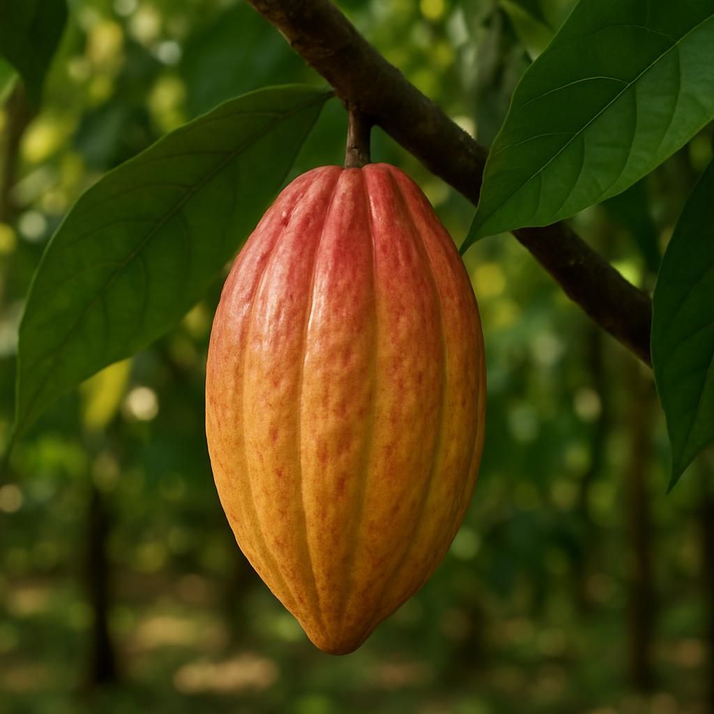 Close-up of ripe yellow-red Criollo cocoa pod on tree with lush green leaves in tropical plantation