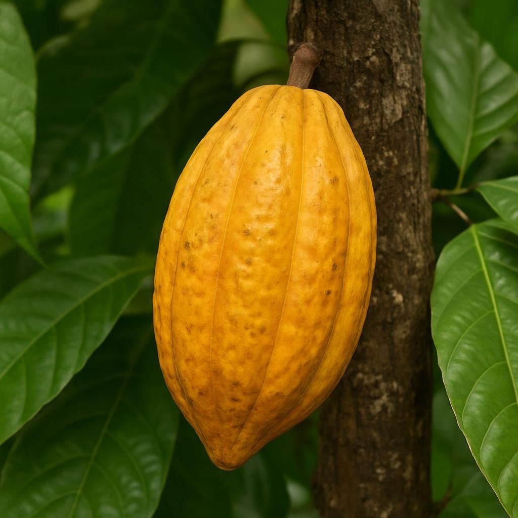 Ripe Forastero cocoa pod on tree trunk showing thick yellow-orange husk and glossy leaves