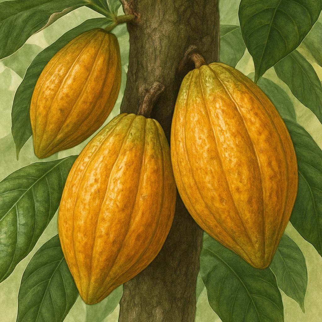 Ripe Nacional cacao pods on shaded tree ready for harvest in Ecuadorian cacao farm