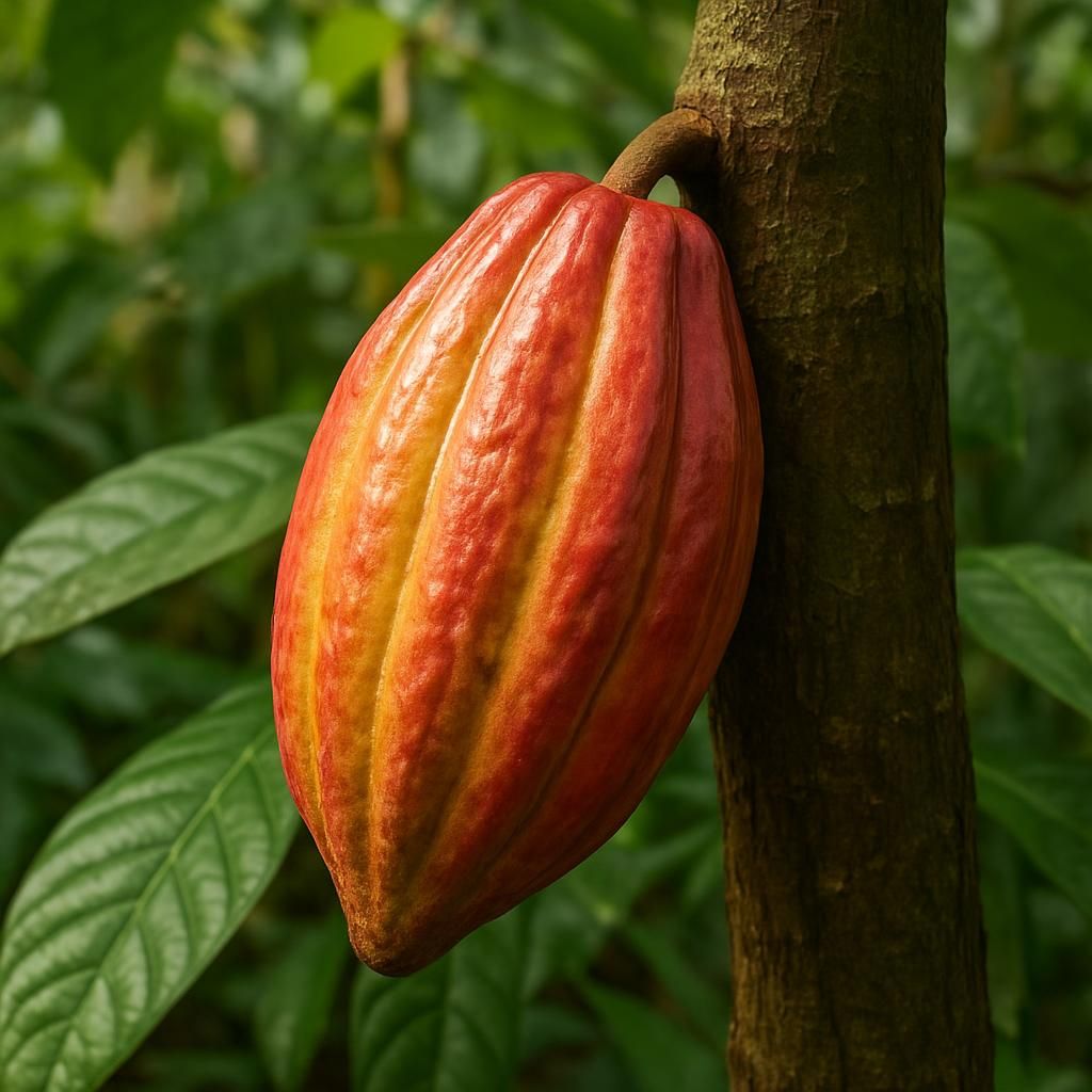 Close-up of ripe Trinitario cocoa pod on tree showing premium hybrid variety characteristics