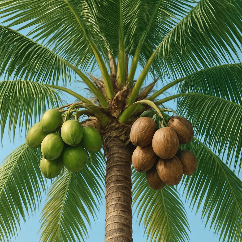 Close-up of Fiji Dwarf coconut palm showing green and brown nuts on fronds in tropical sunlight
