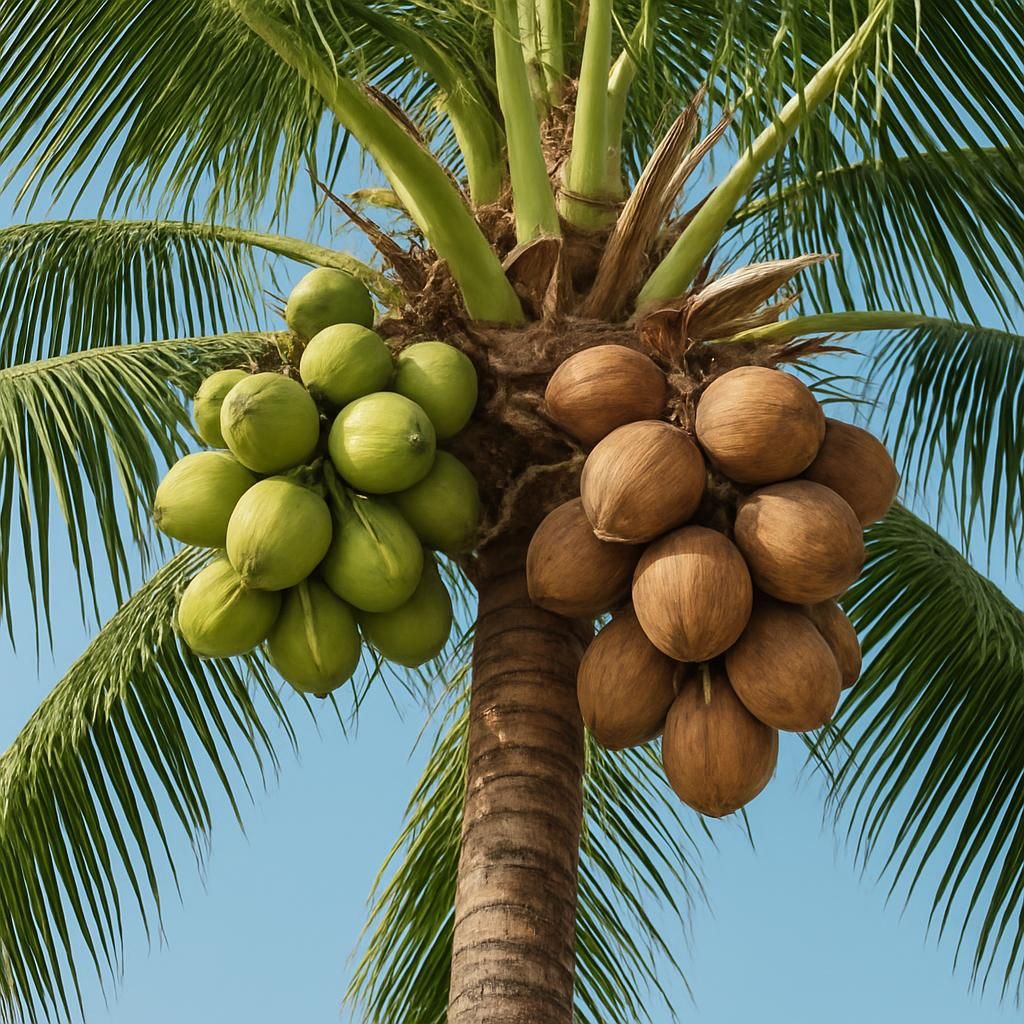 Mature Coconut (Kapa) palm showing clusters of ripening nuts in a tropical plantation