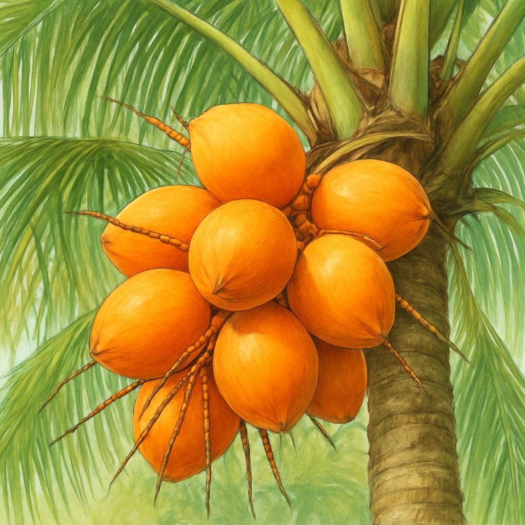 Close-up of vibrant orange King Coconut cluster on tall palm with lush tropical fronds in background