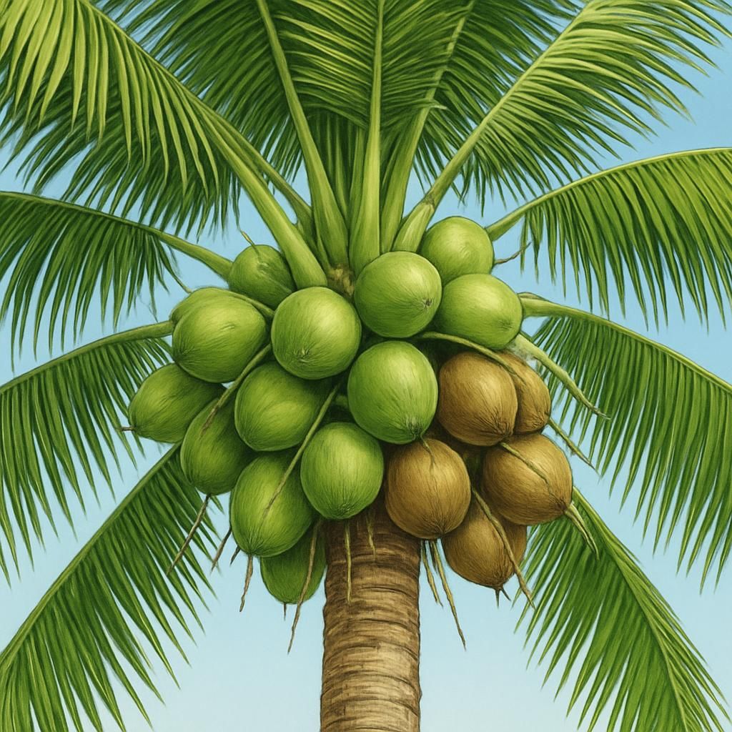Close-up of Malayan Dwarf coconut palm showing green and mature nuts on fronds in tropical sunlight