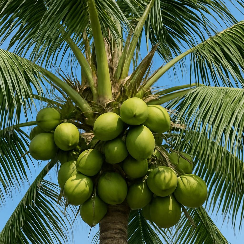 Maypan Hybrid coconut palm showing clusters of large green nuts and healthy fronds under tropical sunlight