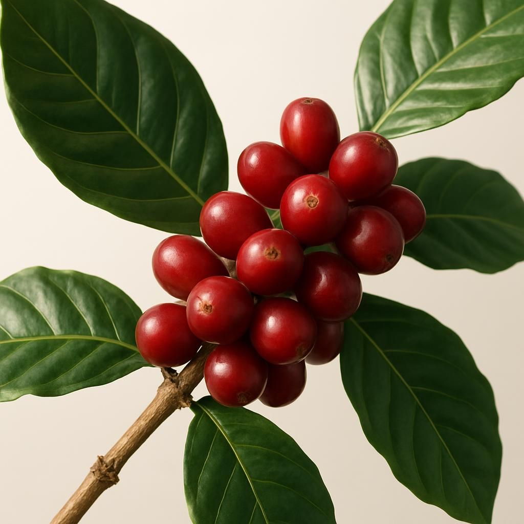 Close-up of ripe red Bourbon Arabica coffee cherries on the branch with dark green leaves