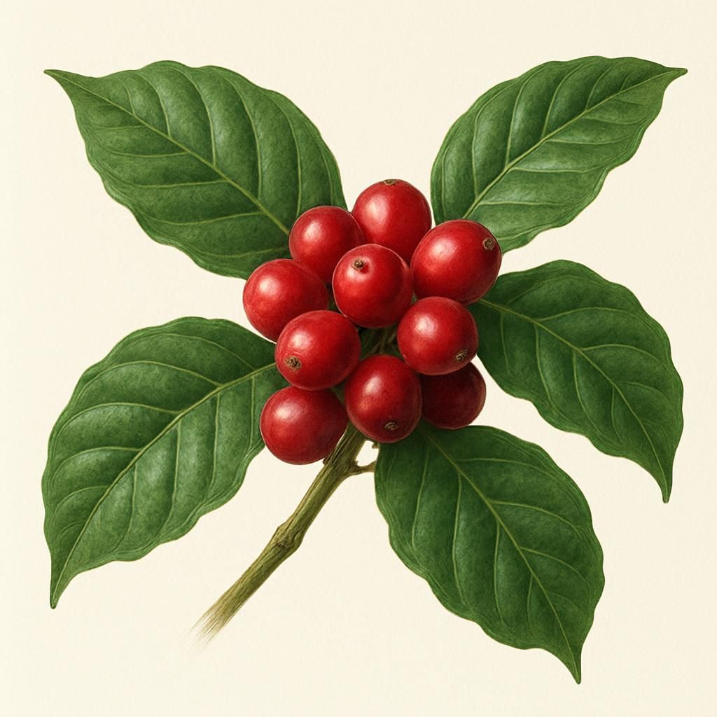 Close-up of bright red Caturra Arabica coffee cherries on compact dark-green foliage
