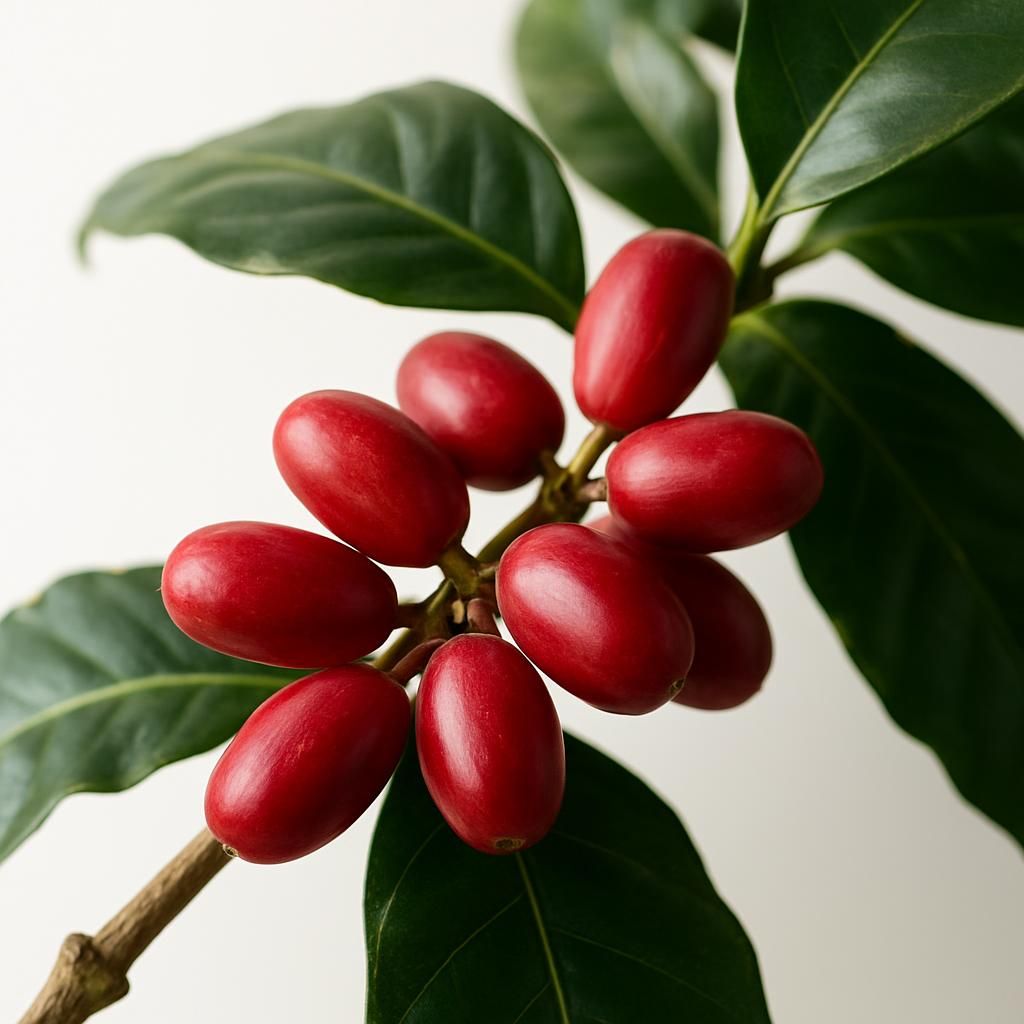 Close-up of ripe Geisha Arabica coffee cherries on branch with glossy leaves