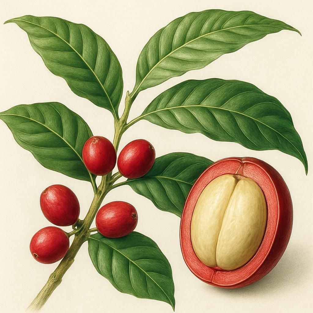 Close-up of Maragogype Arabica coffee branch with large leaves and oversized elephant beans