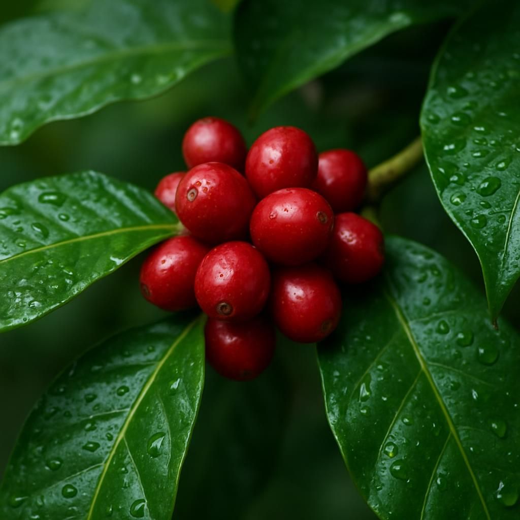 Ripe red Mundo Novo Arabica coffee cherries growing on a healthy branch with dark green leaves