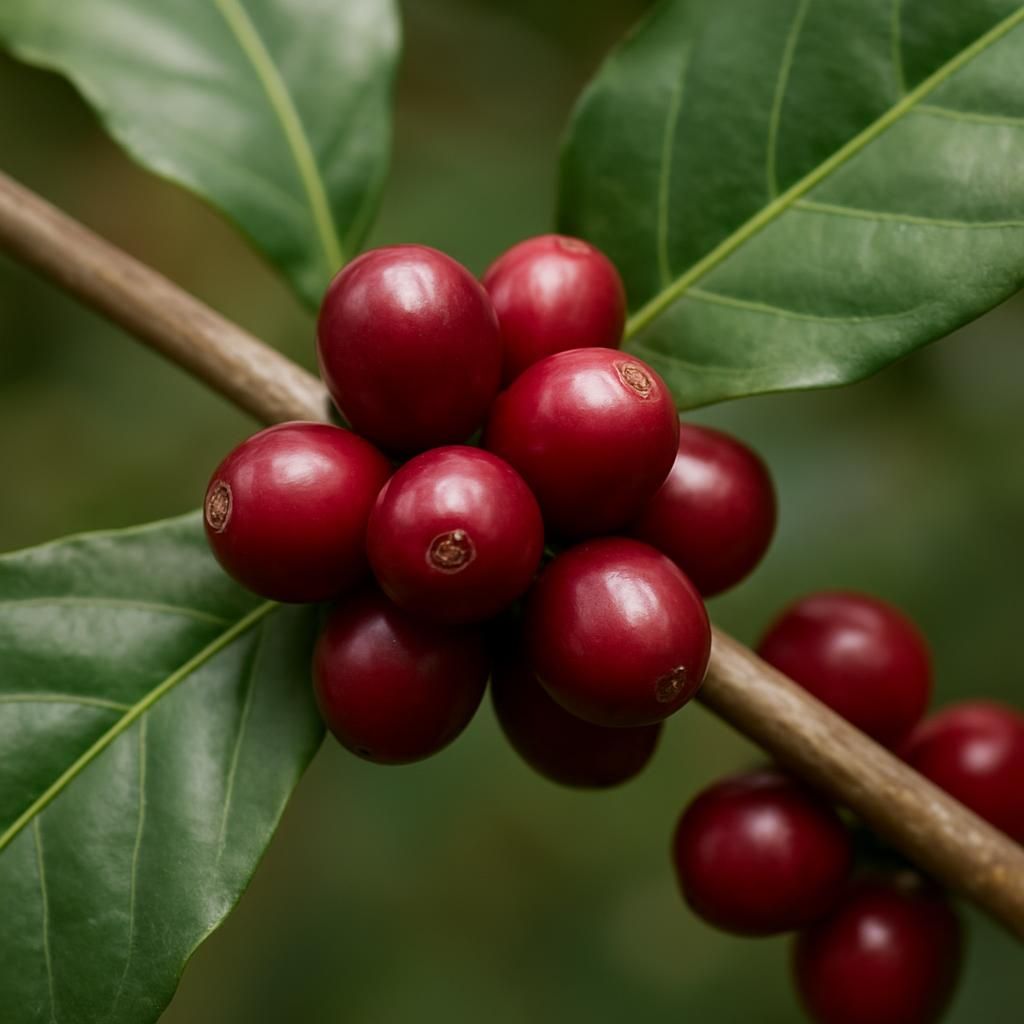 Ripe Pacamara Arabica coffee cherries growing on a healthy branch in ideal highland conditions