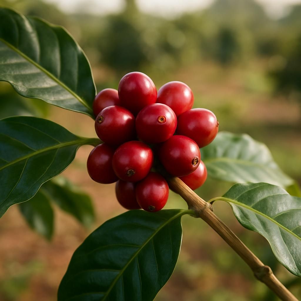 Close-up of ripe red SL28 Arabica coffee cherries on branch with dark green leaves