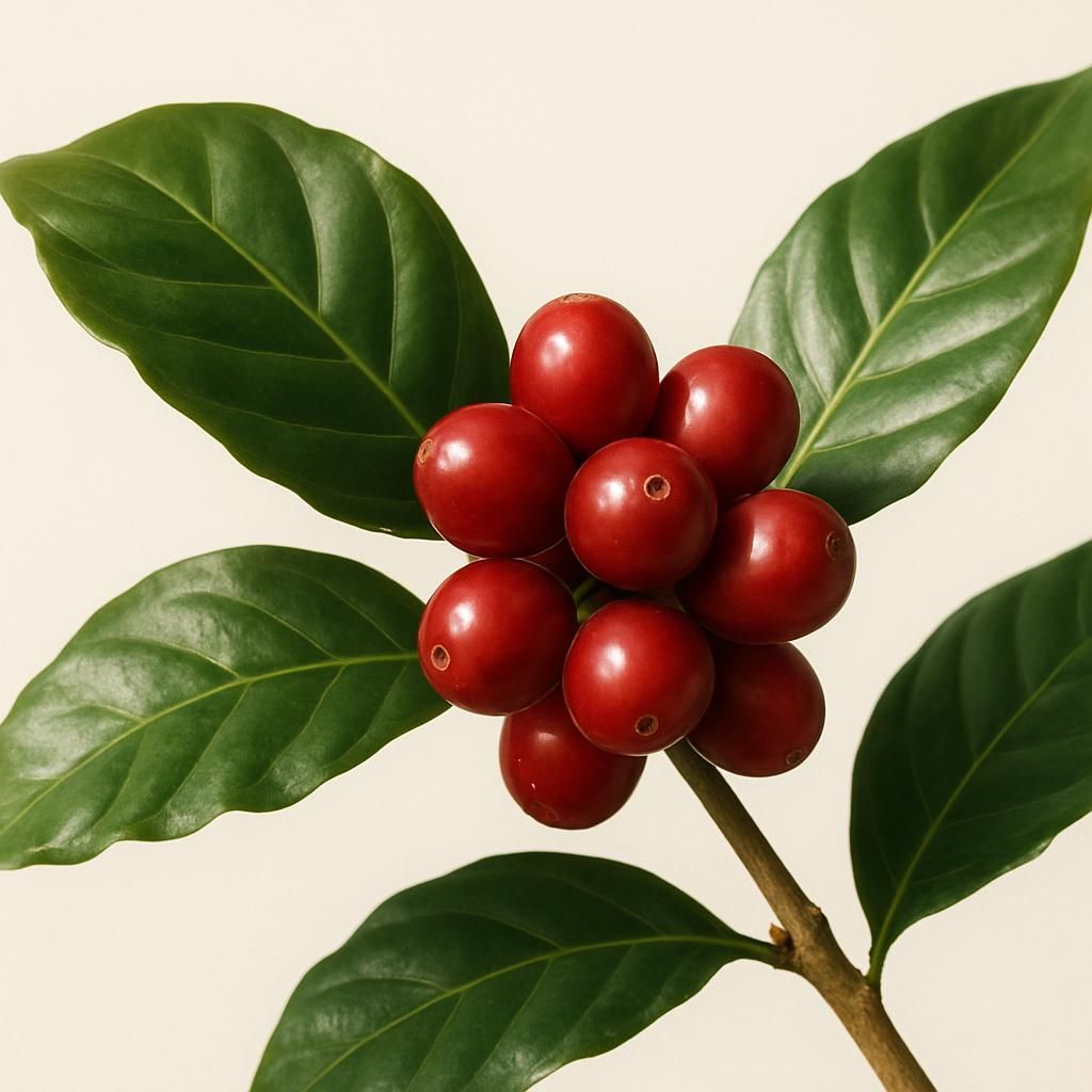 Ripe red Arabica Typica coffee cherries on branch with glossy leaves