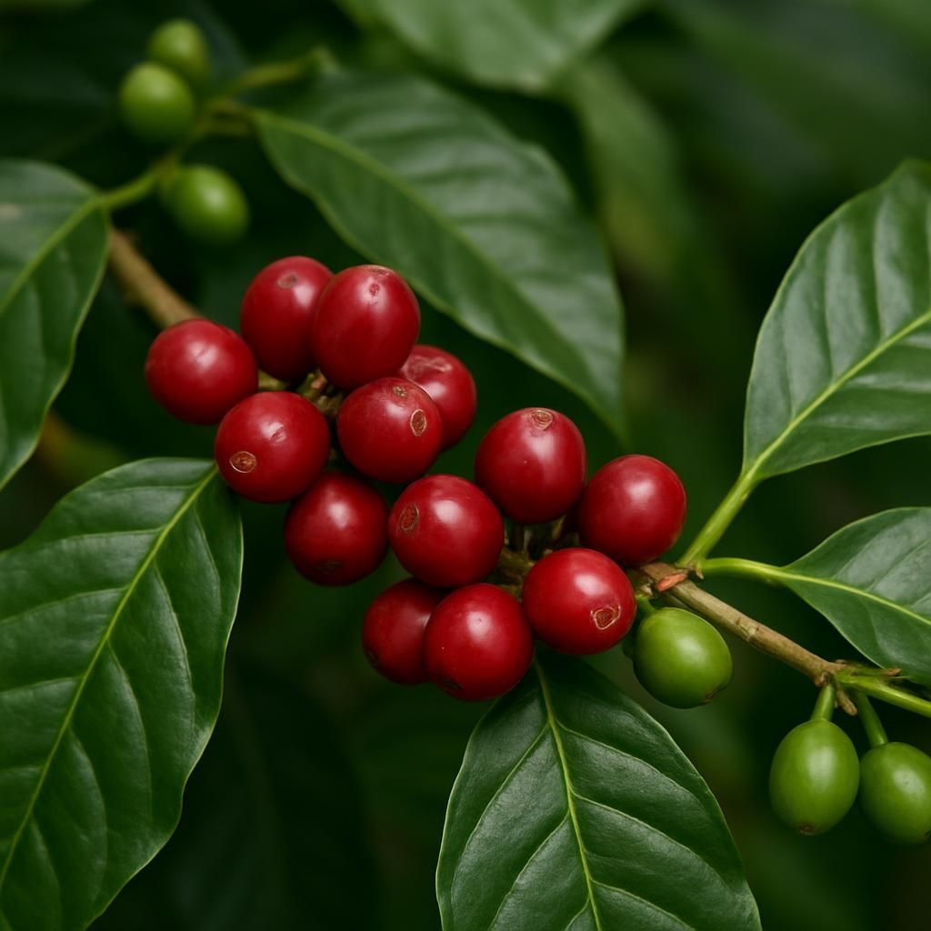 Close-up of Excelsa coffee cherries ripening on a healthy tree in a tropical plantation