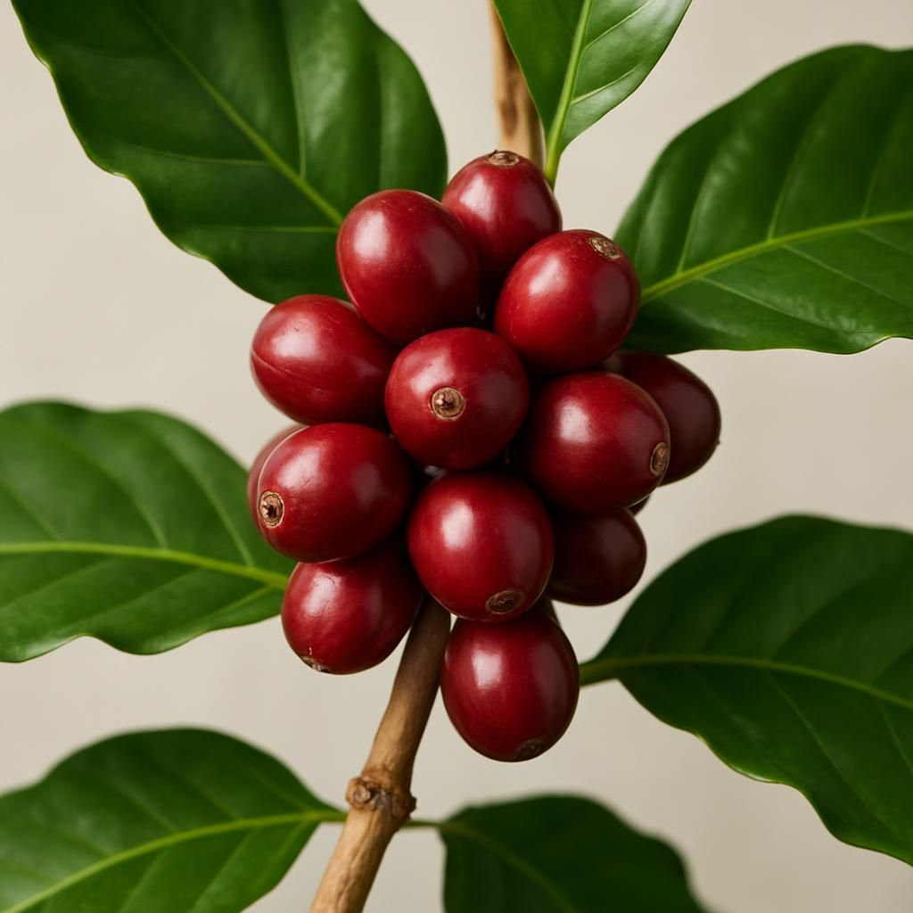 Close-up of ripe Liberica coffee cherries on the branch with glossy leaves