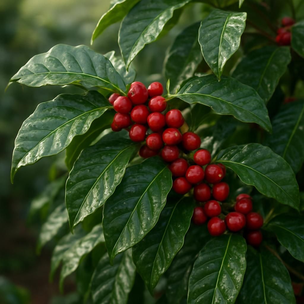Close-up of Robusta coffee plant showing glossy leaves and clusters of ripe red cherries in a tropical plantation