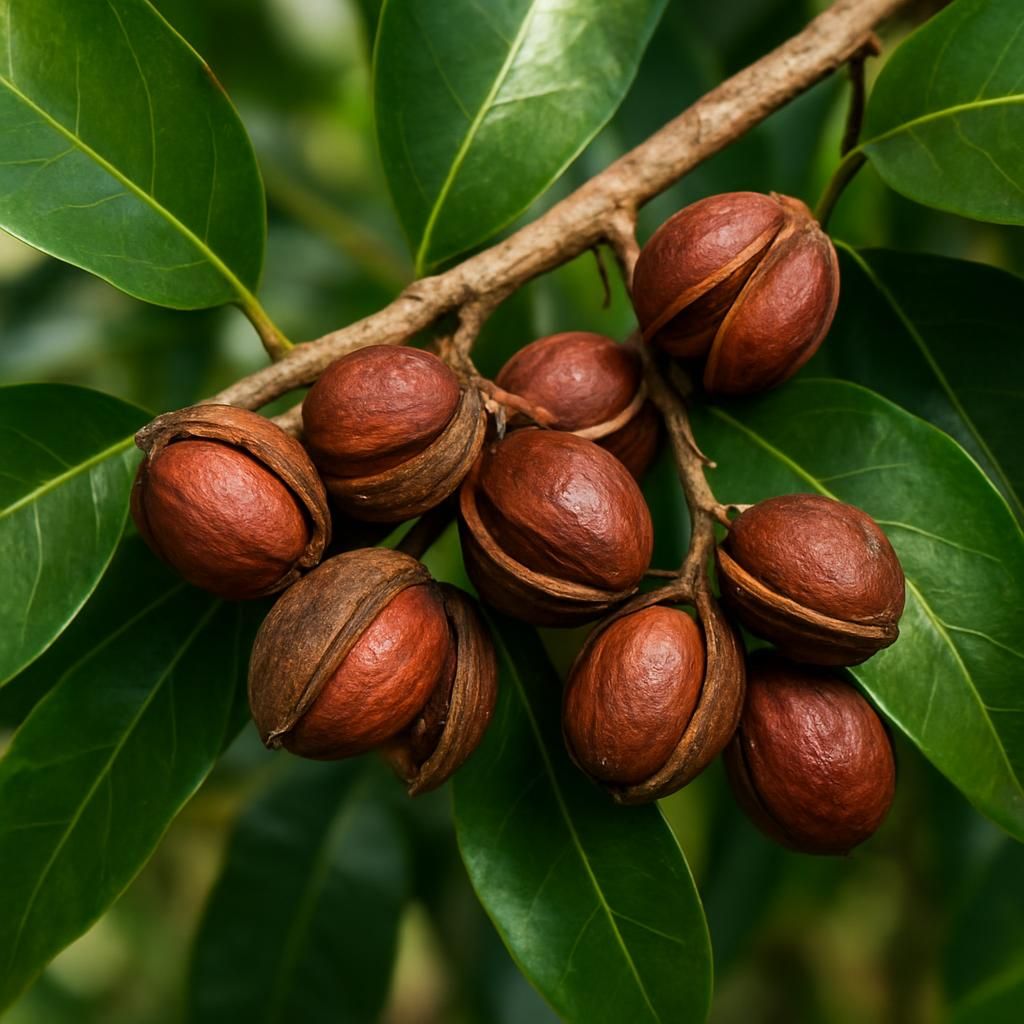 Close-up of Cola nitida cola nuts on tree branch with glossy green leaves in tropical setting