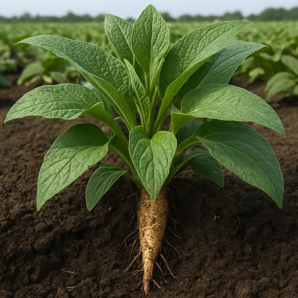 Close-up of Bocking 14 comfrey leaves and root in fertile soil for professional growing guide