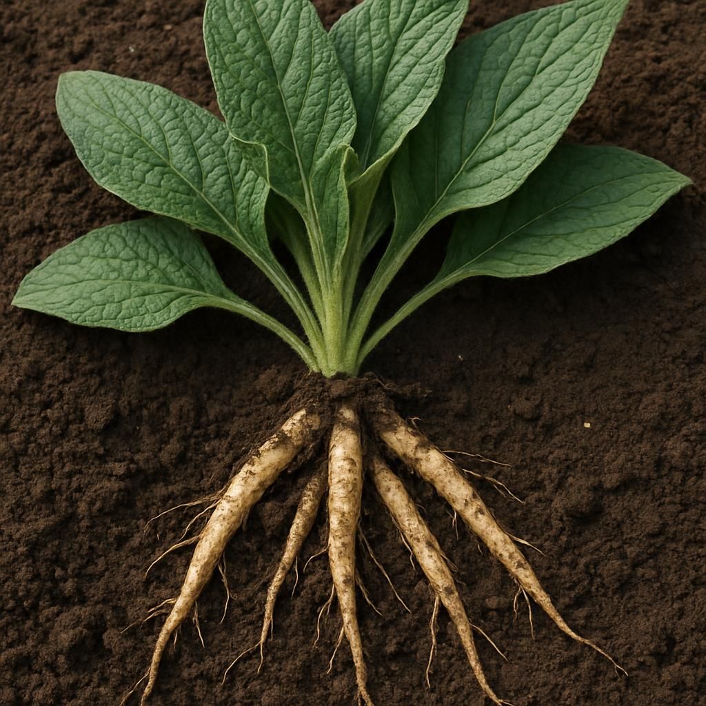 Close-up of thriving Comfrey Root plant showing large leaves and deep root system in rich garden soil